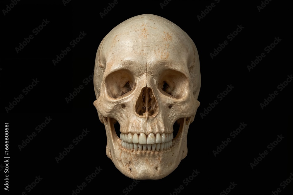 Obraz premium Natural human skull front view against a solid black backdrop