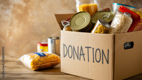 Cardboard box filled with various food items including canned goods and pasta for donation