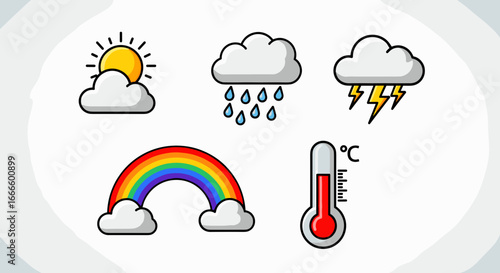 Illustration of weather icons including sun behind cloud rain cloud lightning rainbow and thermometer image