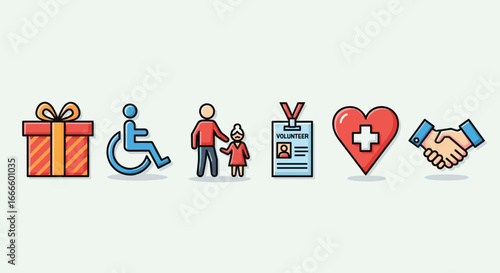 Illustration showing gift, wheelchair, caretaker, volunteer badge, heart and handshake icons in a row