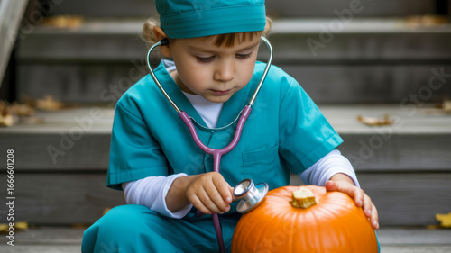Young boy dressed as a doctor with a stethoscope examines a pumpkin outdoors