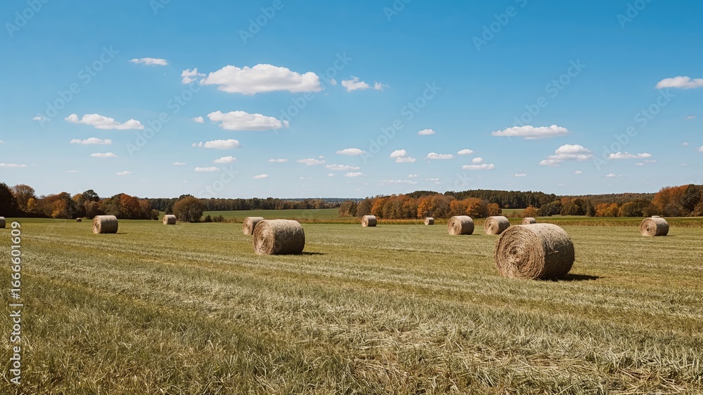 Obraz premium Bales of recently harvested hay scattered across a meadow