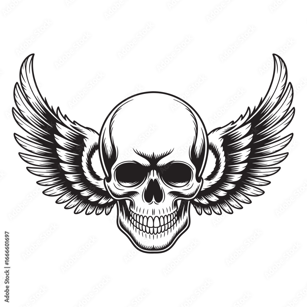 Fototapeta premium Classic monochrome winged skull illustration, a powerful symbolic emblem capturing rebellion and freedom, perfect for vintage graphic designs and bold visual statements