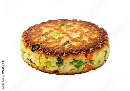 A crispy, golden-brown vegetable patty, showcasing a mix of colorful, savory ingredients, is presented against a dark background.