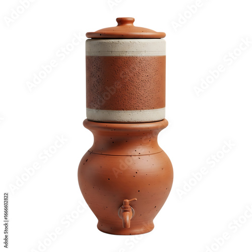 Rustic ceramic water filter dispenser with a tap and lid, isolated on transparent background