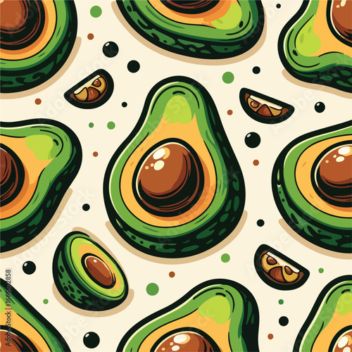 Cartoon style illustration of avocado halves with brown seeds