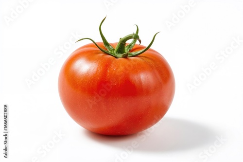 Wallpaper Mural Bright red tomato on plain white surface, food, isolated, natural, fruit, green leaves, vibrant color, red tomato Torontodigital.ca