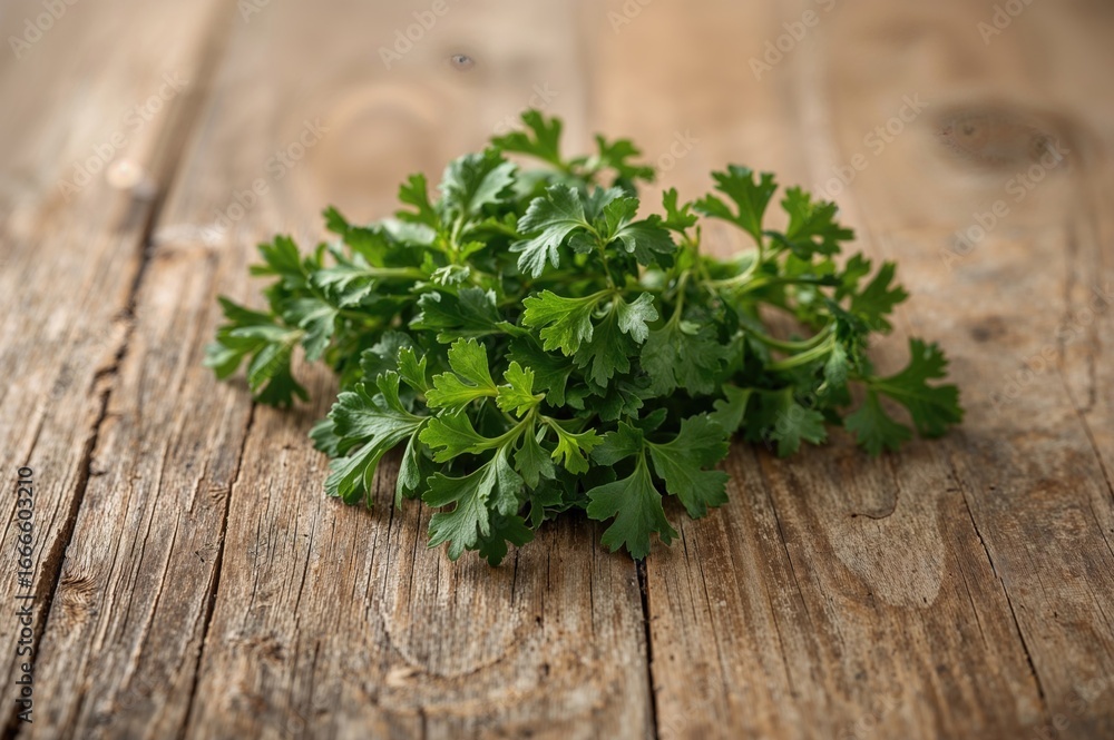 Green parsley leaves on a rustic wooden surface, nature and cooking concept Green parsley leaves on a rustic wooden surface, nature and cooking concept