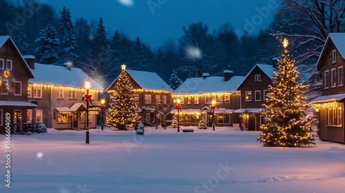 Wallpaper Mural Beautiful snowy town square illuminated with festive Christmas tree lights and decorated holiday buildings at night Torontodigital.ca