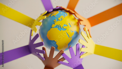 Diverse hands unite around a colorful paper globe symbolizing global connection and cooperation