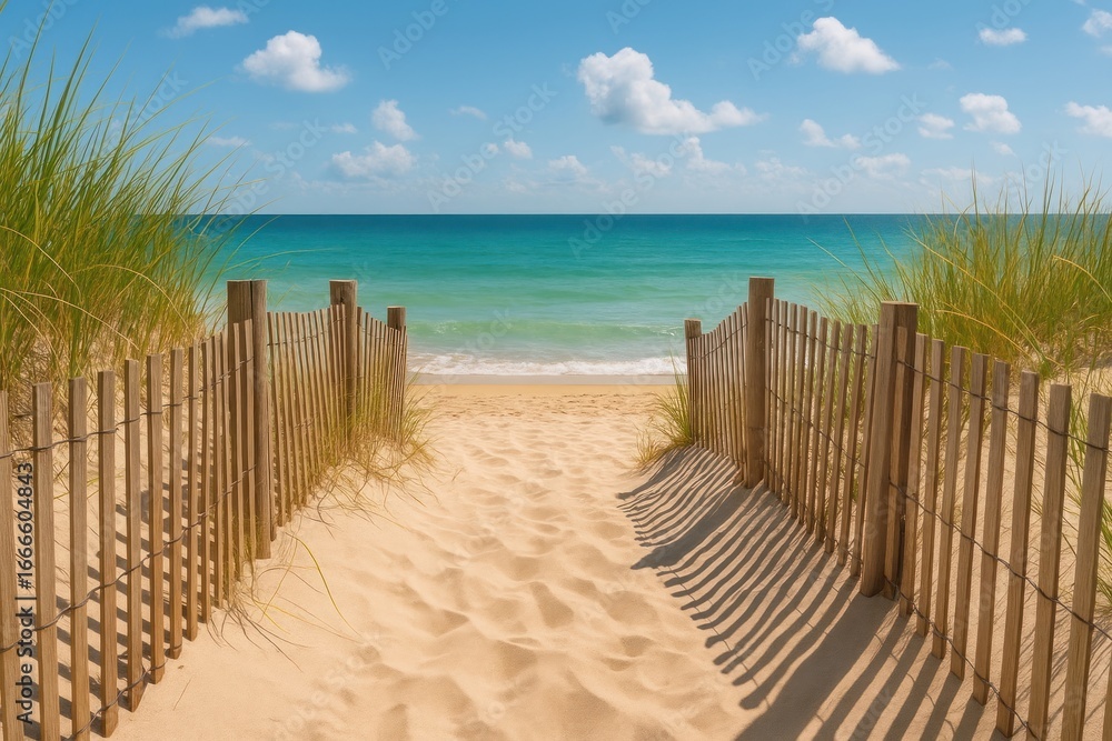 Fototapeta premium Serene beach path ocean view.