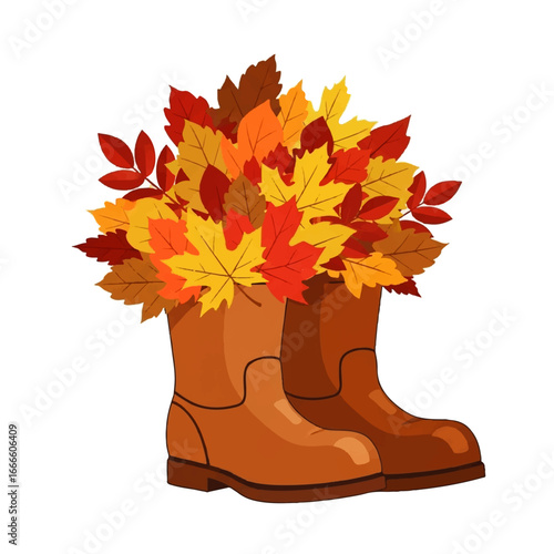 Autumnal boots filled with colorful fall leaves, a seasonal illustration