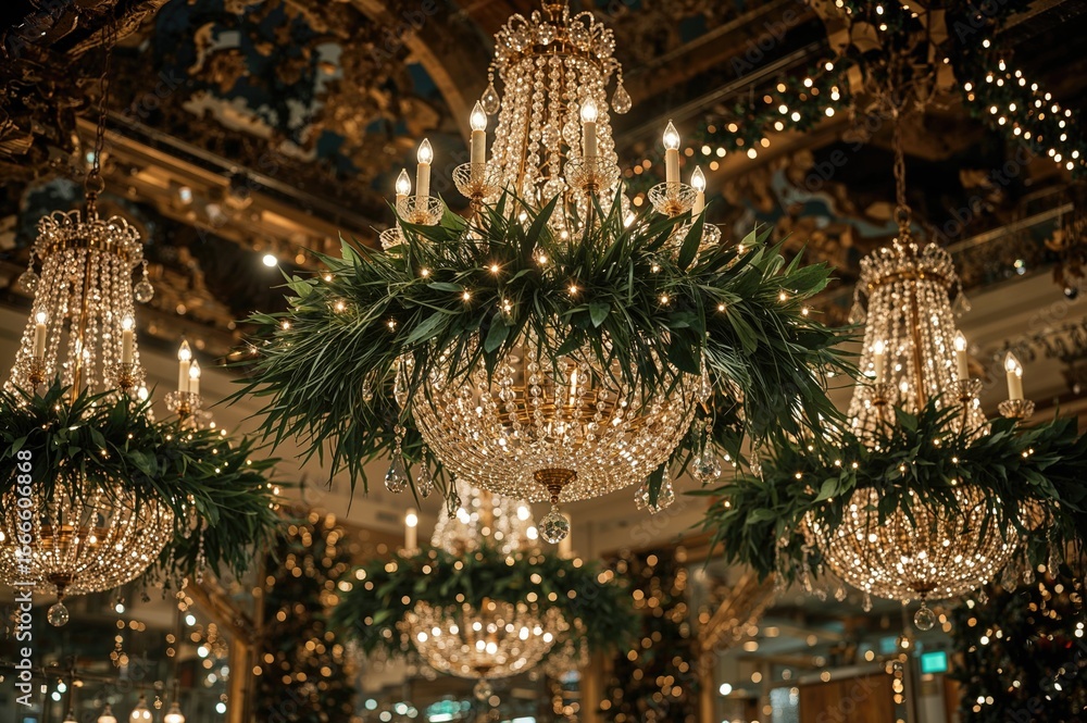 Obraz premium Graceful suspended chandeliers decorated with foliage light up a celebratory indoor area after dark