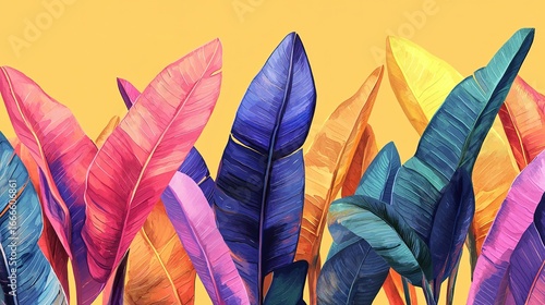 Colorful Long Leaf Abstract Watercolor Painting, Vintage Poster Design with Golden Ratio Symmetrical Layout, Beige Background Warm Toned Tranquil
