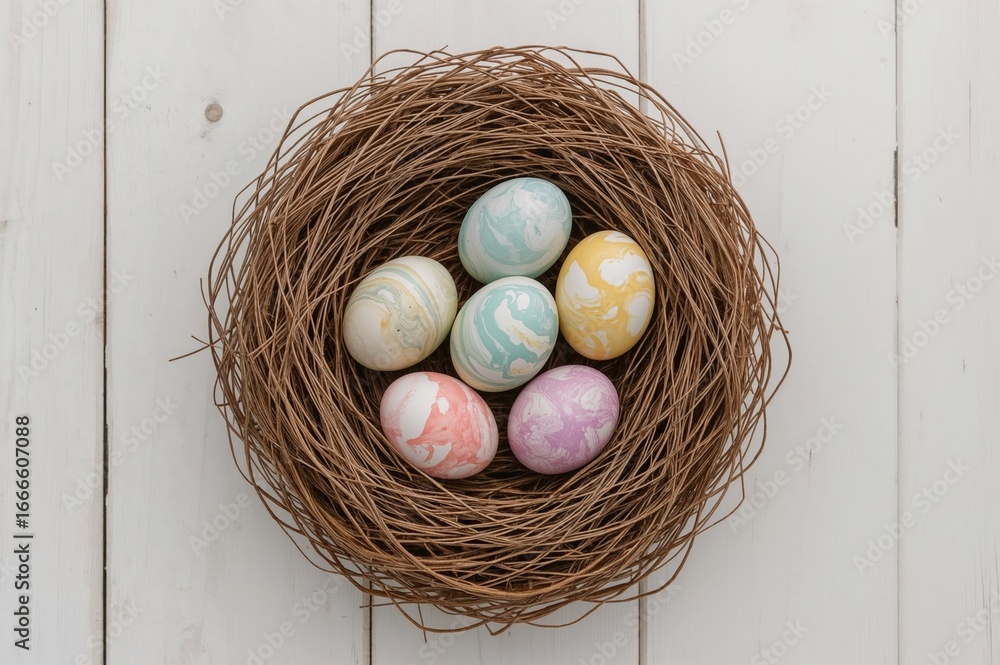 Obraz premium Trendy contemporary Easter eggs with vibrant marble patterns resting in a cozy wool nest on a white wooden surface with space for writing