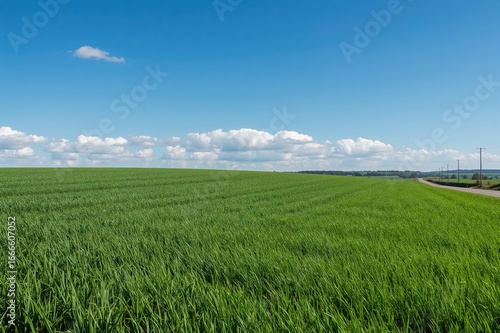 A bright green terrain stretches under a sunny sky, featuring a rural backdrop and orderly planted crops extending upward. The grass texture reflects the essence of nature.
