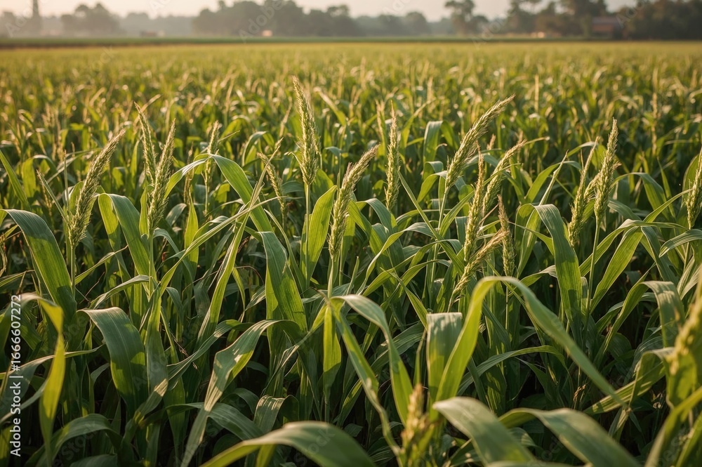 Fototapeta premium Sorghum crops bathed in early sunlight