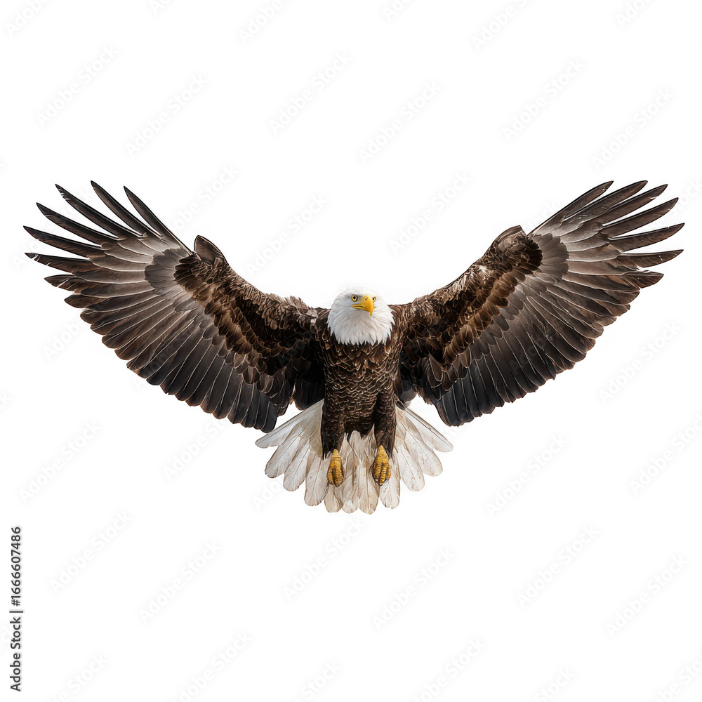 Fototapeta premium Majestic bald eagle soaring with wings fully extended isolated on transparent background