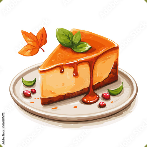 Vector illustration of a slice of pumpkin cheesecake with whipped cream and pecans, warm colors, isolated on white background