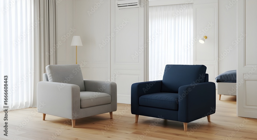 Fototapeta premium Cozy sofa chairs in an air-conditioned room with soft lighting and warm atmosphere, perfect for relaxation and modern interior design.