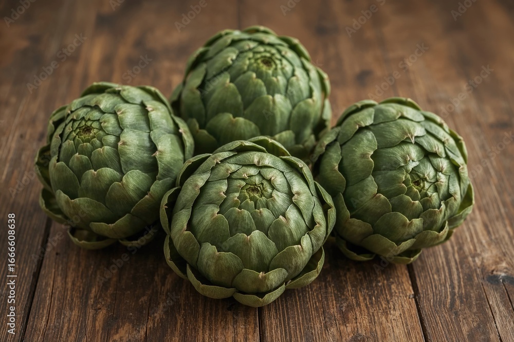 Obraz premium Fresh green artichokes displayed on a wooden surface, representing natural vegetarian nutrition