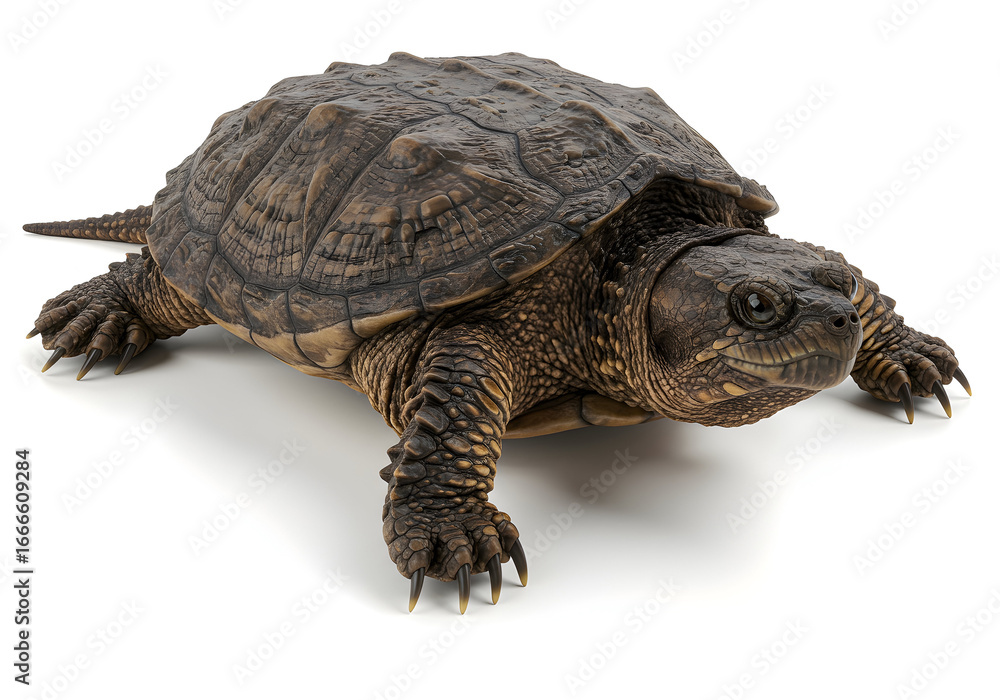 Naklejka premium Captivating portrait of a turtle showcasing its textured shell, powerful claws, and intriguing facial features, against a clean white backdrop.
