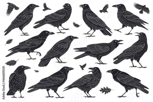 Wallpaper Mural A collection of black and white raven illustrations in various poses on a black background design pattern Torontodigital.ca