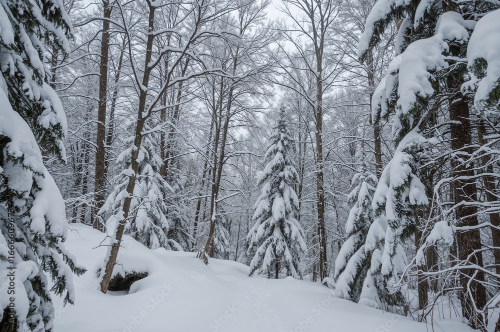 Fototapeta premium Winter landscape with heavy snowfall in the woods