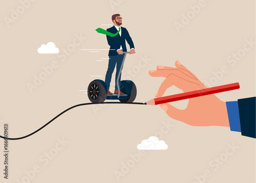 line drawing hand pencil. Businessman commuter on two-wheeled hoverboard on line. Challenge your progress and win the race. Flat vector illustration
