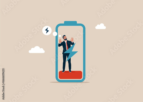 Businessman with low battery. Burnout, overload. Fight burnout at work. Young male trapped inside a battery, health problems. Flat vector illustration.