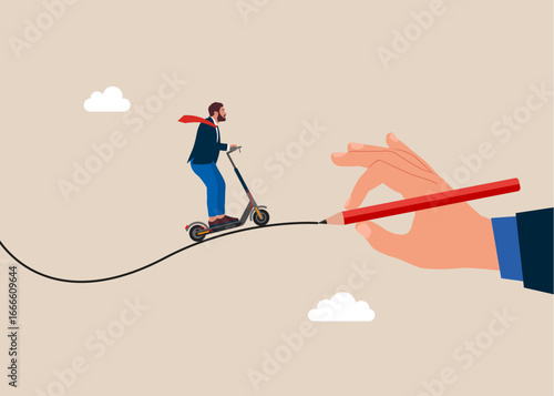 line drawing hand pencil. Man commuter on scooter on line. Challenge your progress and win the race. Flat vector illustration