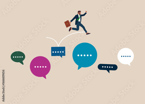 Businessman jumps from one speech bubbles piece to another. Discussion, conversation, meeting, team communication. Flat vector illustration