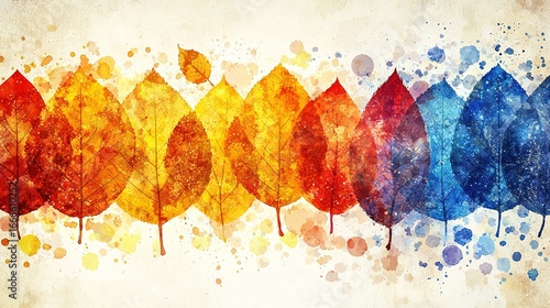 Colorful Long Leaf Abstract Watercolor Painting, Vintage Poster Design with Golden Ratio Symmetrical Layout, Beige Background Warm Toned Tranquil
