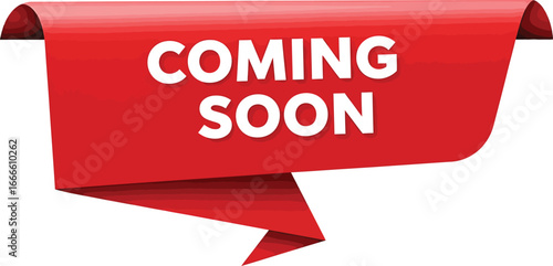 Coming Soon Ribbon Banner – Red Promotional Tag for Product Launches and Announcements