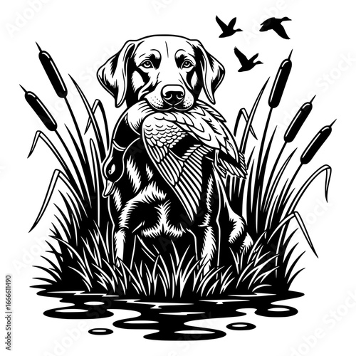 Hunting dog retrieving a duck in a swamp, a detailed vector illustration of a Labrador retriever with cattails and flying birds.