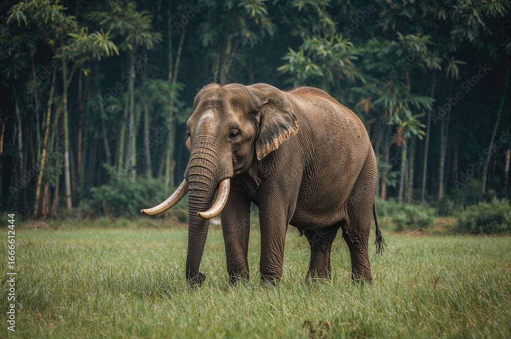 Fototapeta premium Powerful solitary male Asiatic elephant roaming the grassy plains of a dense forest