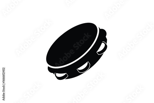 A black and white illustration of a musical tambourine with metal jingles silhouette
