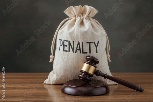 Wallpaper Mural A sack labeled 'Penalty' beside a gavel balanced on scales symbolizing justice. Consequences for criminal acts and violations. Fraud cases. Judicial rulings. Legal appeals. Revocation of fines and Torontodigital.ca