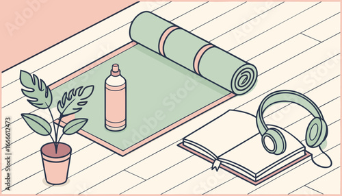 Isometric view of yoga mat, water bottle, plant, book, and headphones for a mindful lifestyle scene