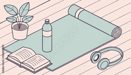 Isometric view of yoga mat, water bottle, plant, book, and headphones for a mindful lifestyle scene