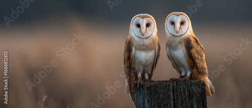 Barn owl pair perched together on rustic wooden fence post showing identical alert positioning perfect for partnership teamwork and wildlife vigilance concepts.