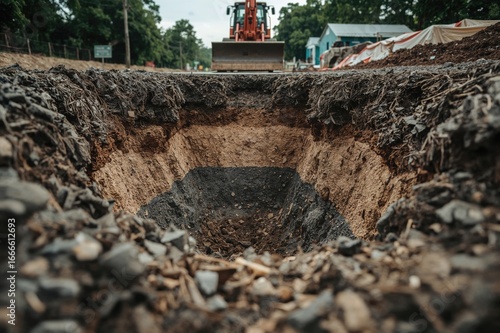 Wallpaper Mural View from below the mound showing a cross-section of soil layers under an excavated asphalt road for road repair work Torontodigital.ca