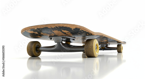 Minimalist close-up bottom view of skateboard on glossy white background	