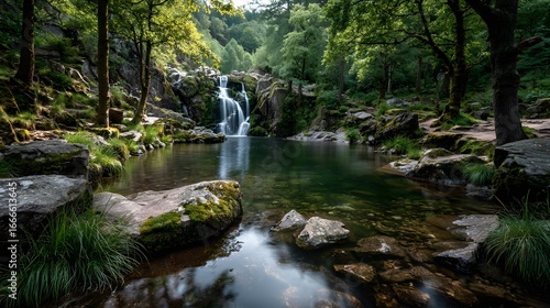 Breathtaking long-exposure of a cascading waterfall in a lush, green forest. The silky smooth water flows over moss-covered rocks under golden sunlight.