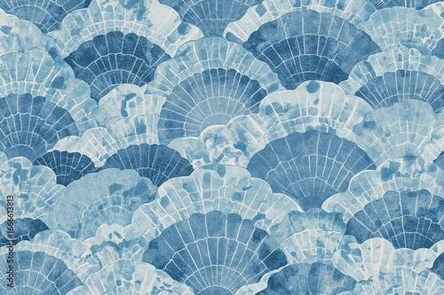 Wallpaper Mural Seamless pattern featuring hand-painted watercolor blue art deco fish scale fractal semicircles and floral oriental fan design Torontodigital.ca