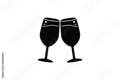 Two wine glasses clinking together in a celebratory toast gesture silhouette