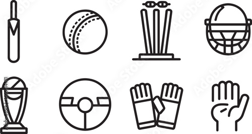 Cricket Equipment Outline Icons Set Bat Ball Wickets Helmet Pad Gloves Hand Sport Vector