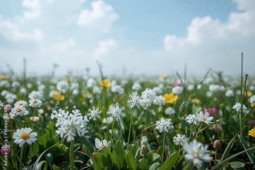 Fototapeta premium Cluster of snowflake flowers blooming in a spring field, Leucojum