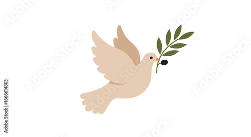 A beige dove flies with an olive branch in its beak symbolizing peace
