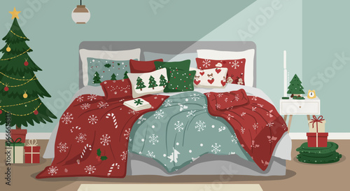 A bedroom decorated for Christmas featuring a bed laden with festive pillows and bedding next to a decorated tree and a bedside table